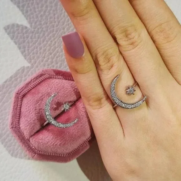 NEW MOON STAR 925 STERLING SILVER DIAMOND ADJUSTABLE RING, CUTE RING, SHINY RING - Picture 2 of 6